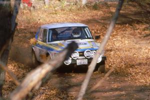 Goran Ostland / Steve Baker SAAB 99 come into the finish of SS1, Beacon Hill