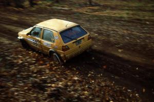 Jon Pizzigalli / John Springer turn their VW GTI into a leaf-blower at the finish of SS1.