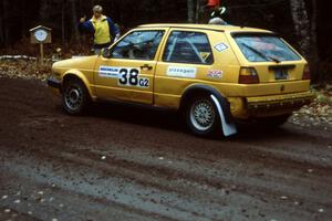 Jon Pizzigalli / John Springer in their VW GTI leave the start of the Delaware stage.