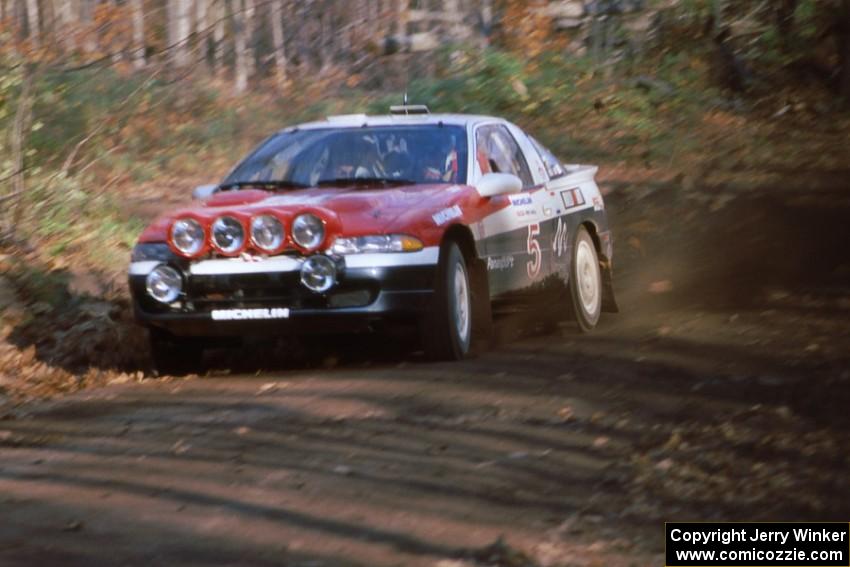 The Henry Joy IV / Brian Maxwell Mitsubishi Eclipse comes across the finish of the SS1 line.