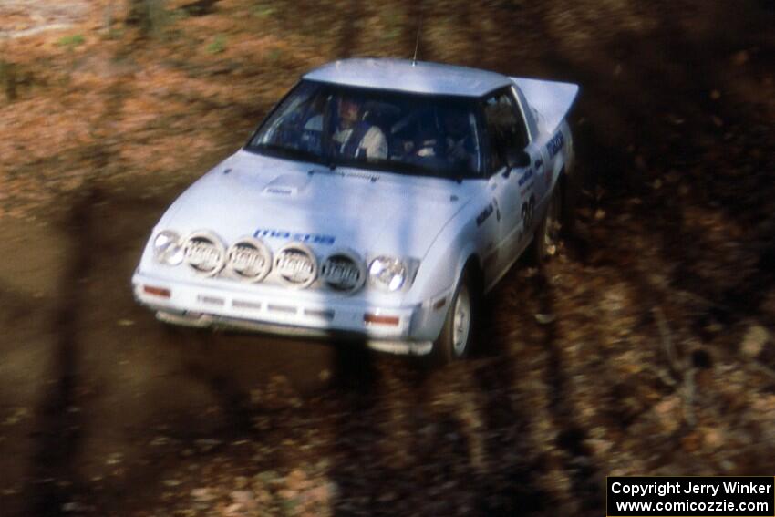 Bryan Pepp / John McArthur Mazda RX-7 come into the finish of SS1.