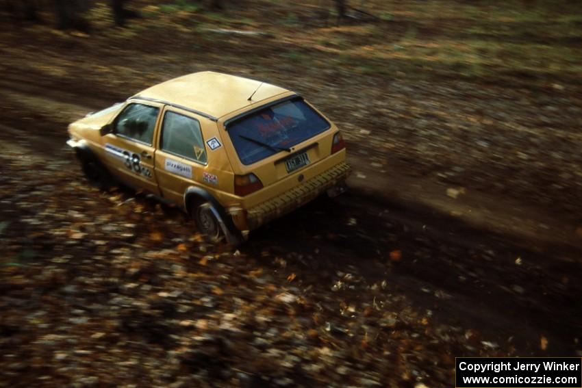 Jon Pizzigalli / John Springer turn their VW GTI into a leaf-blower at the finish of SS1.