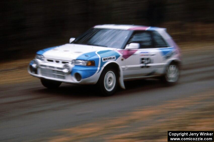 Peter Moodie / Michael Fennell Mazda 323GTR leaves the start of Delaware 1 stage.