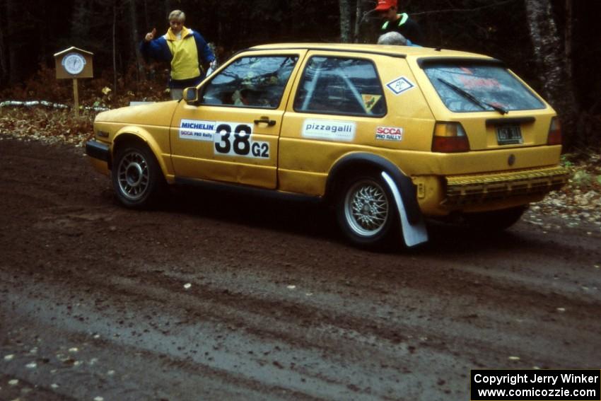 Jon Pizzigalli / John Springer in their VW GTI leave the start of the Delaware stage.