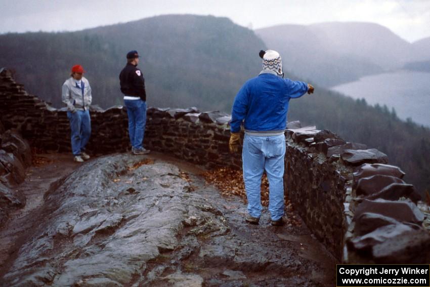 L to R) John Anderson, Al Taylor, and Randy Jokela enjoy a view of the Porcupine Mts. the Sunday morning after the rally.