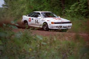 The Janice Damitio / Amity Trowbridge Toyota Celica All-trac at speed down Indian Creek Trail Rd.
