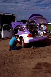 The Carl Merrill / John Bellefleur Ford Escort Cosworth gets serviced in Park Rapids.