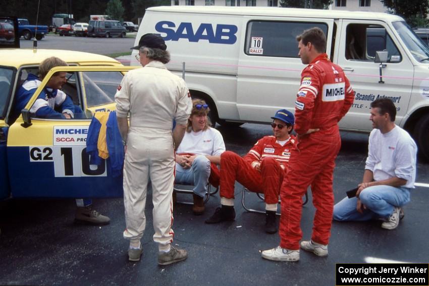 L to R) Rob Walden (in Sam Bryan's SAAB 900), David Ralakis (w/ back turned), Murray Thomas, Henry Joy IV, Chris Griffin, unk.?