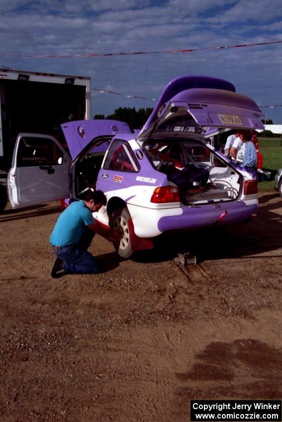 The Carl Merrill / John Bellefleur Ford Escort Cosworth gets serviced in Park Rapids.