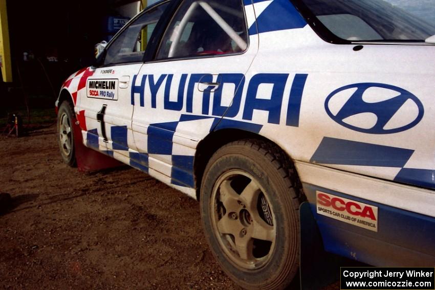 The Paul Choiniere / Jeff Becker Hyundai Elantra at Park Rapids service on day two.