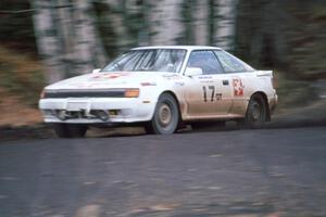 The Janice Damitio / Amity Trowbridge Toyota Celica All-trac at speed on Delaware Mine stage.