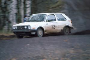 Wayne Prochaska / Annette Prochaska VW GTI at speed on the Delaware Mine stage.