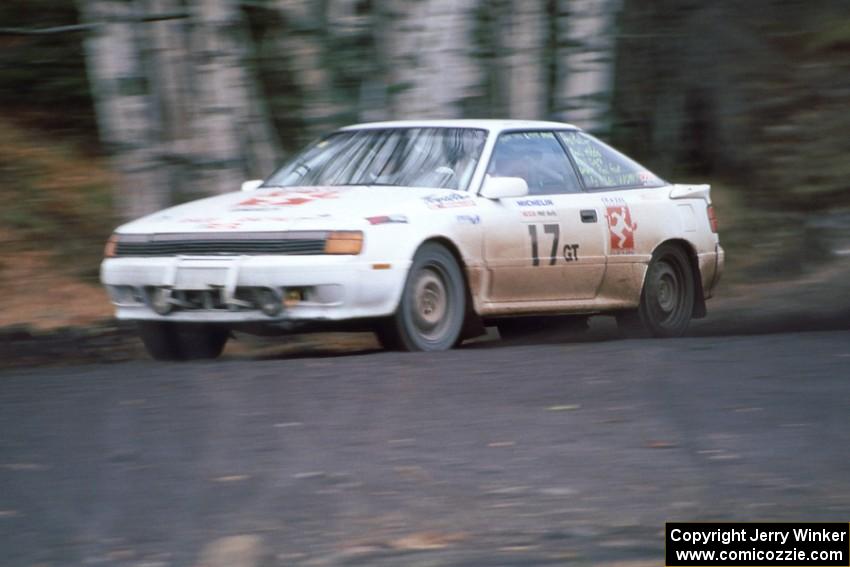The Janice Damitio / Amity Trowbridge Toyota Celica All-trac at speed on Delaware Mine stage.
