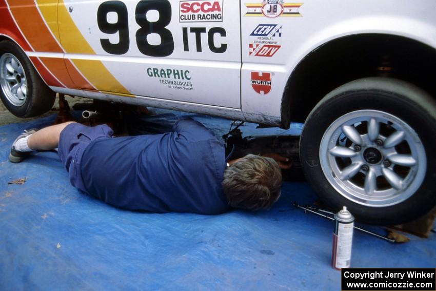 Randy Jokela removes the transmission from his ITC Toyota Starlet