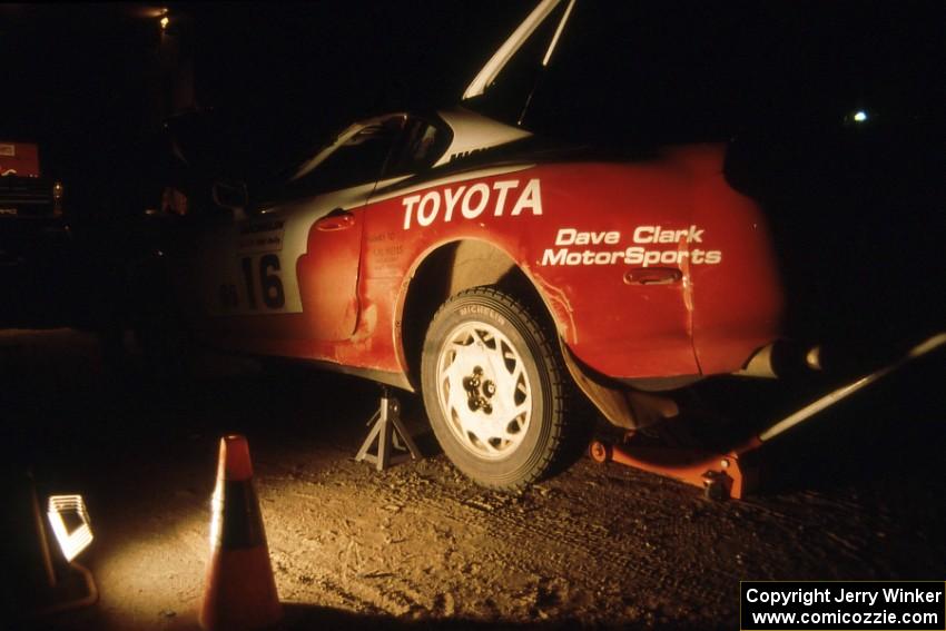 The Ralph Kosmides / Joe Noyes Toyota Supra gets serviced on the first night of the rally.