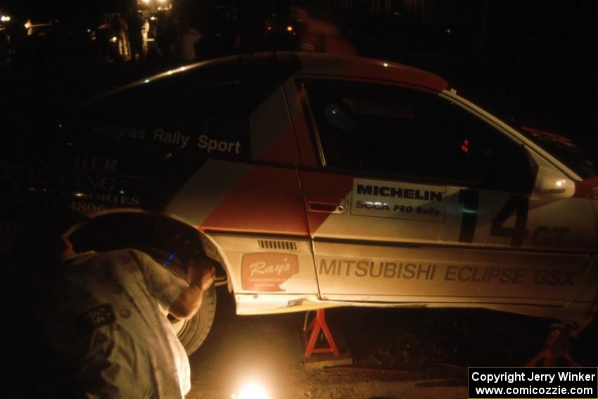 The Steve Gingras / Bill Westrick Mitsubishi Eclipse GSX is serviced on the first night of the rally.