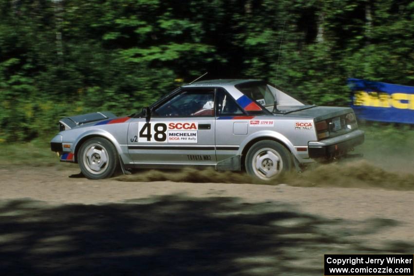 Jeff Harty / Dave Bruce at speed at the crossroads in their Toyota MR2.