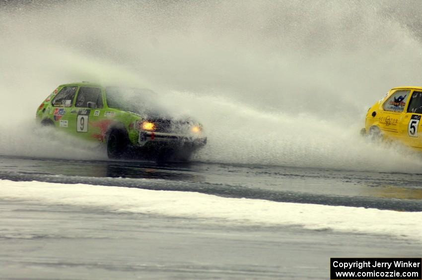 The Matt Bjorge / Dave Bjorge VW Rabbit gets doused by the Dave Kapaun / Chris Wilke VW Rabbit