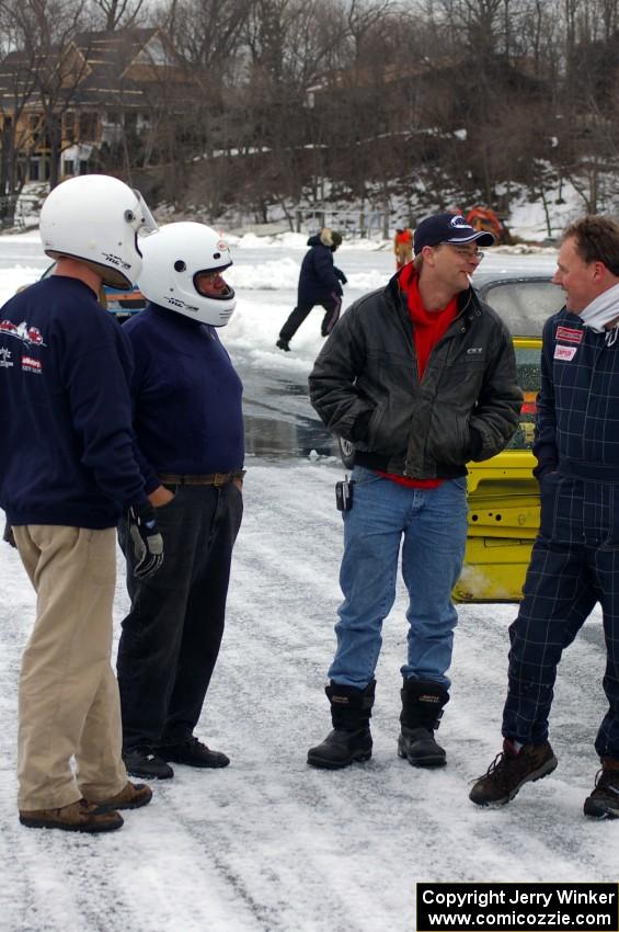 Tony Burhans, Dan Burhans, Sr., Cary Kendall and Dave Kapaun converse after the shortened race