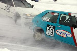 Mike Ehleringer / Dick Nordby / Bill Nelson VW Rabbit and Chris Peterson / Dave McGovern Subaru Impreza battle for the lead