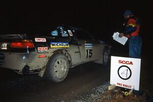 Selcuk Karamanoglu / Yorgi Bittner leave the start of a night stage in their Mitsubishi Eclipse.