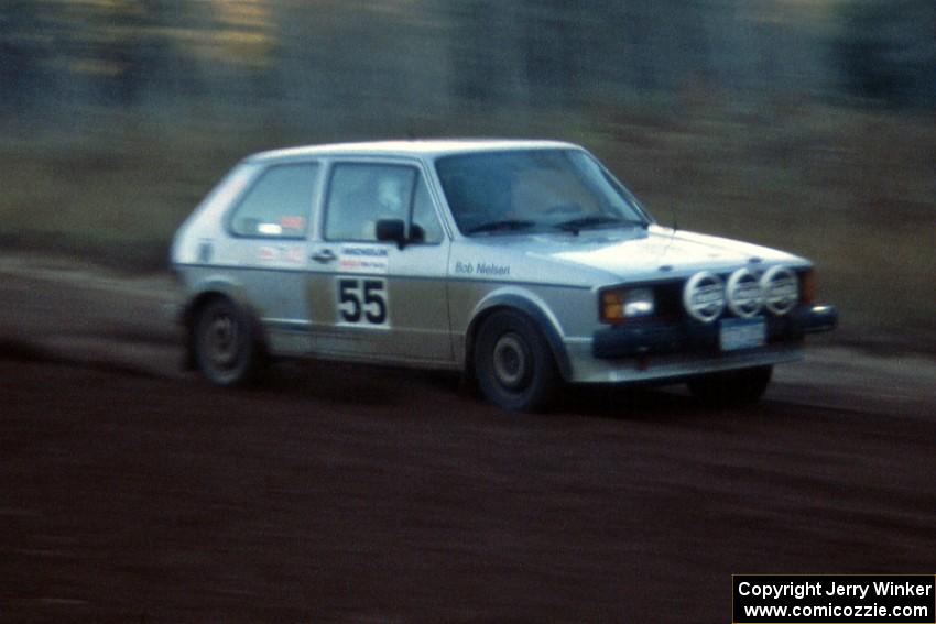 The VW Rabbit of Heikke Neilsen / Bob Neilsen rockets down Menge Creek 2. They competed in the Divisional event.