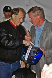 Herm Johnson gives Bobby Unser a helmet to commemorate BIR's 40th Anniversary. (1)