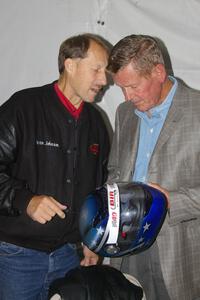 Herm Johnson gives Bobby Unser a helmet to commemorate BIR's 40th Anniversary. (2)