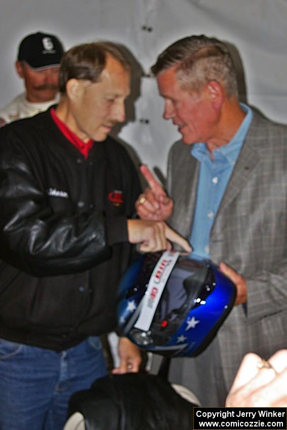 Herm Johnson gives Bobby Unser a helmet to commemorate BIR's 40th Anniversary. (1)