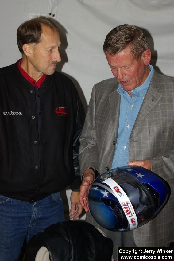 Herm Johnson gives Bobby Unser a helmet to commemorate BIR's 40th Anniversary. (3)