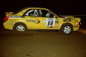 Steve Gingras / Alan Perry Subaru WRX at night on SS8, Flying Finnish.