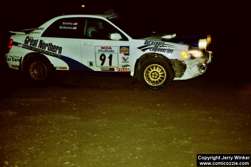 Jonathan Bottoms / Carolyn Bosley Subaru WRX at night on SS8, Flying Finnish.