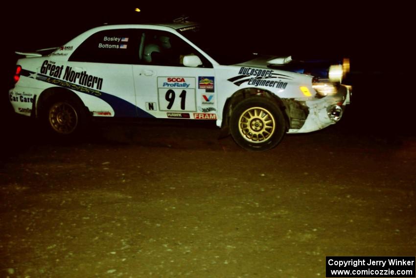 Jonathan Bottoms / Carolyn Bosley Subaru WRX at night on SS8, Flying Finnish.