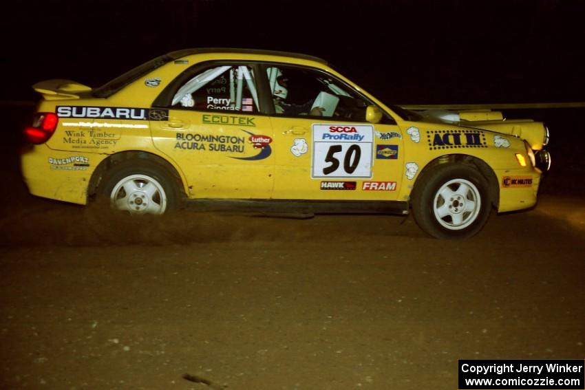 Steve Gingras / Alan Perry Subaru WRX at night on SS8, Flying Finnish.