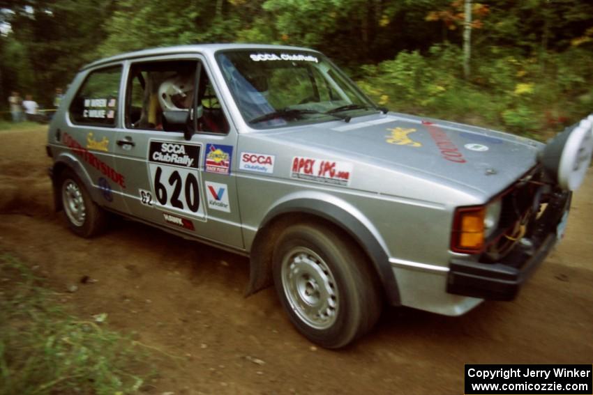 Chris Wilke / Mike Wren VW Rabbit at a 90-right on SS13, Indian Creek.