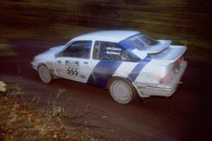 Colin McCleery / Nancy McCleery Ford Merkur XR4Ti at the first corner of SS15, Gratiot Lake II.