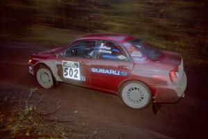 Bryan Pepp / Jerry Stang Subaru WRX at the first corner of SS15, Gratiot Lake II.