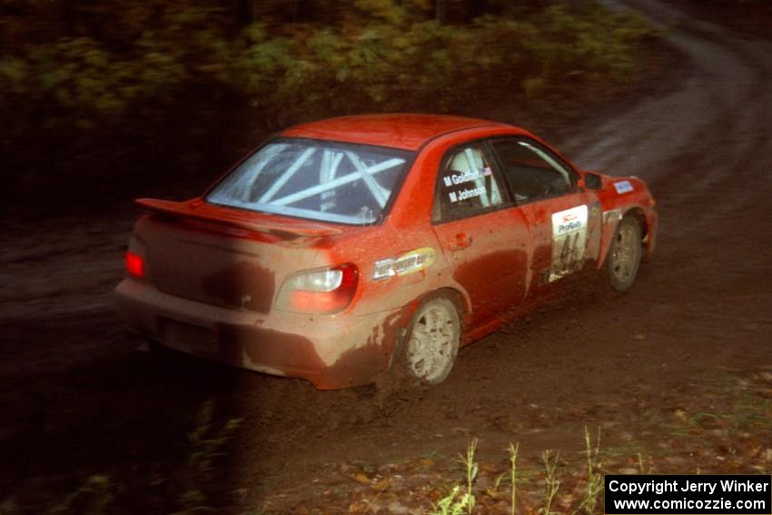 Matthew Johnson / Marc Goldfarb Subaru WRX at the first corner of SS15, Gratiot Lake II.