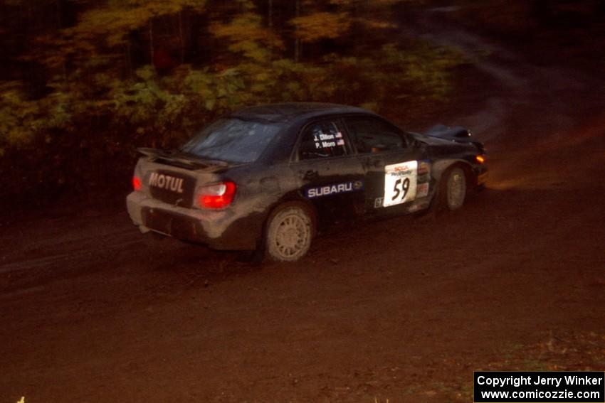 Pat Moro / John Dillon Subaru WRX at the first corner of SS15, Gratiot Lake II.