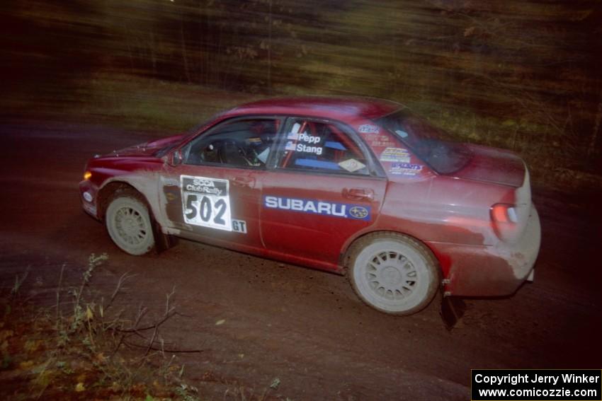 Bryan Pepp / Jerry Stang Subaru WRX at the first corner of SS15, Gratiot Lake II.