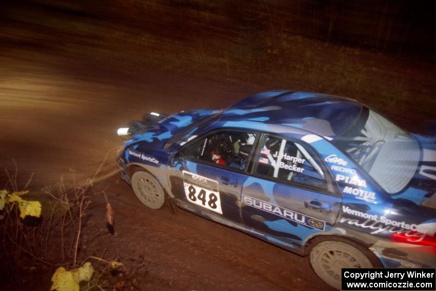 Jason Harper / Jeff Becker Subaru WRX STi at the first corner of SS15, Gratiot Lake II.