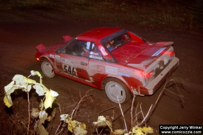 Phil Schmidt / Steve Irwin Toyota MR2 at the first corner of SS15, Gratiot Lake II.