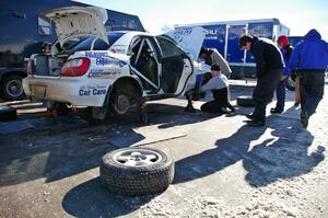 Jonathan Bottoms / Carolyn Bosley Subaru WRX gets last minute prep work in Lewiston prior to the start of the rally.