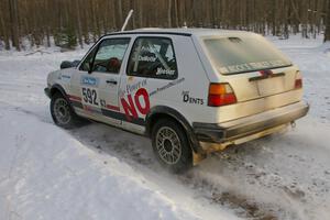 Justin Pritchard / Kim DeMotte VW Golf exits a hairpin on the ranch stage.