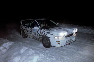 The Matt Iorio / Ole Holter Subaru Impreza at speeed down a straight on the second running of the ranch stage.