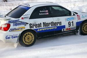 Jonathan Bottoms / Carolyn Bosley Subaru WRX at a 90-left on the first stage of day two of the rally.