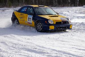 Wojtek Okula / Adam Pelc Subaru WRX exits out of a left-hander on the first stage of day two.