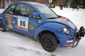 Mike Halley / Kala Rounds VW New Beetle sports damage to the right-front fender after a crash on the first night.