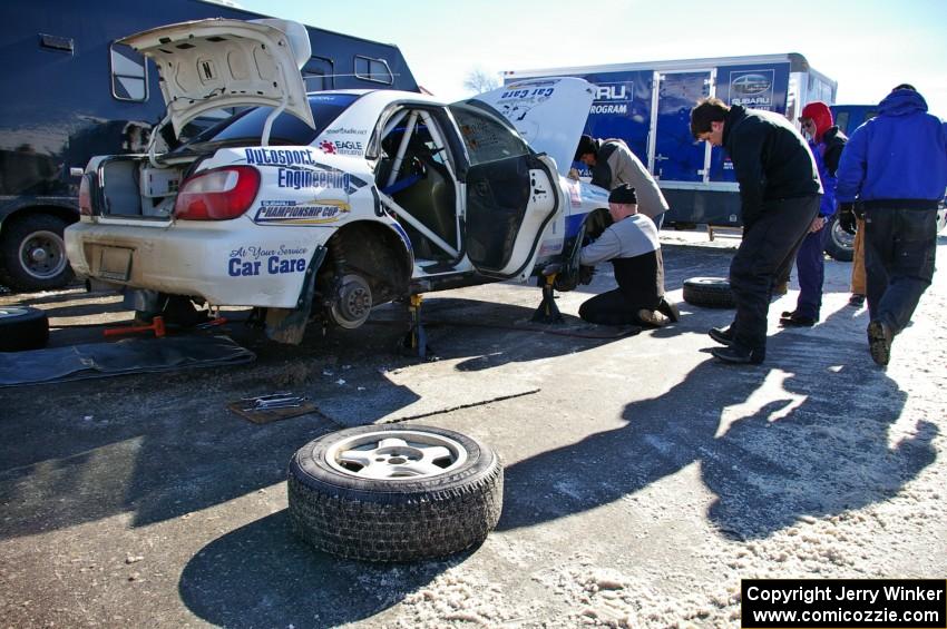 Jonathan Bottoms / Carolyn Bosley Subaru WRX gets last minute prep work in Lewiston prior to the start of the rally.