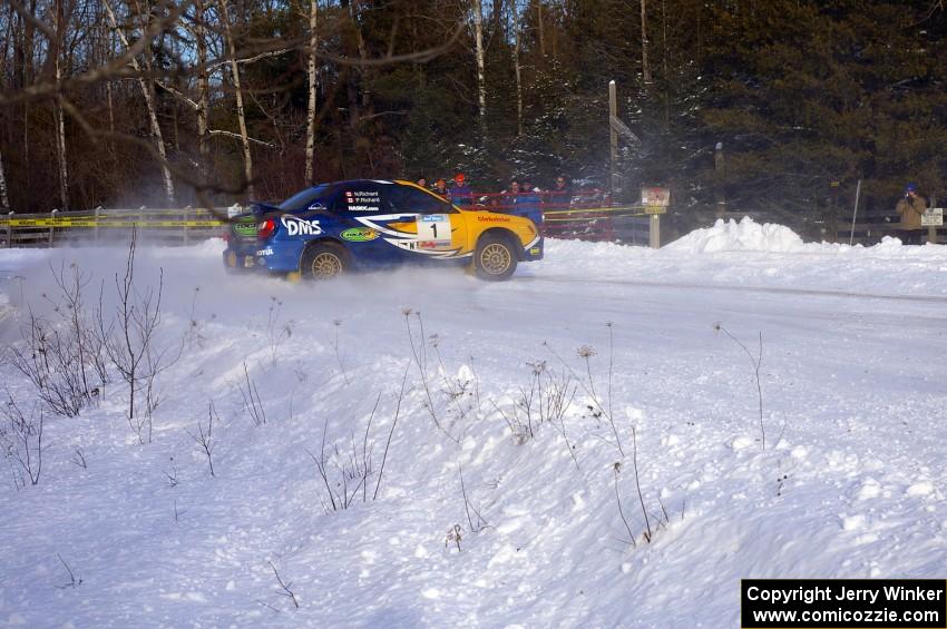 Pat Richard / Nathalie Richard Subaru WRX STi at a hairpin on the ranch stage.